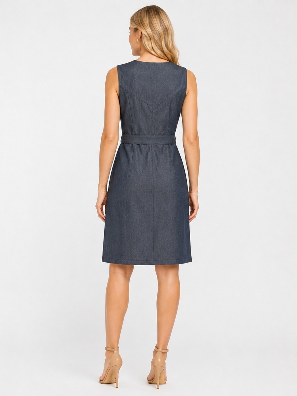 Liz Claiborne Dark Denim Button-Front V-Neck Cotton Blend Midi Dress - Picture 2 of 8